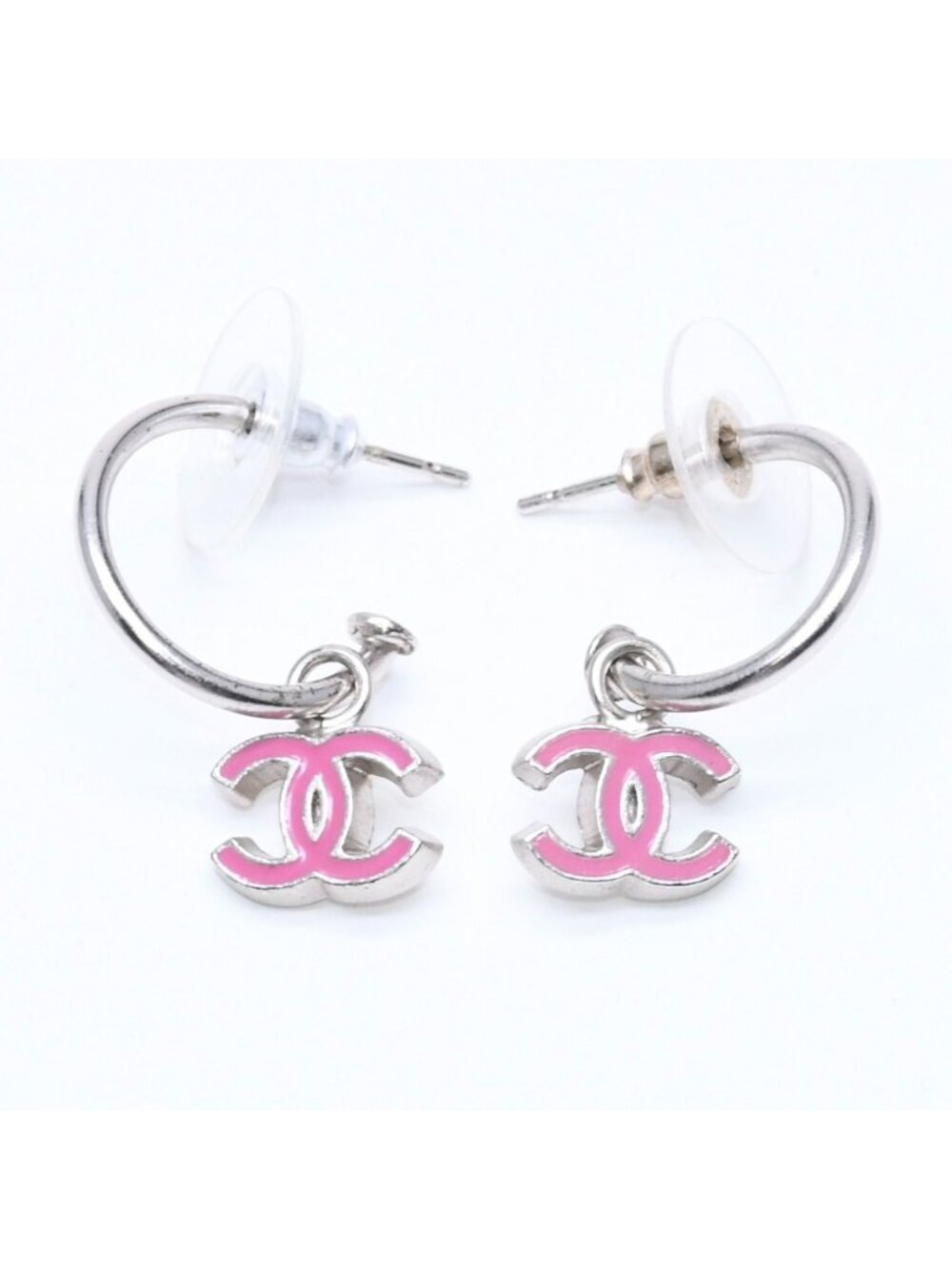 Chanel CC Logo Hoop Earrings 04P Stamp Metal Silver Pink